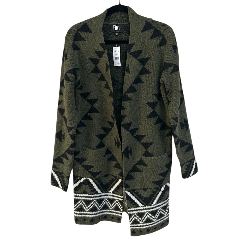 Frye NWT Boho Indie Green Aztec Geometric Print Open Front Cardigan Sweater‎ S
